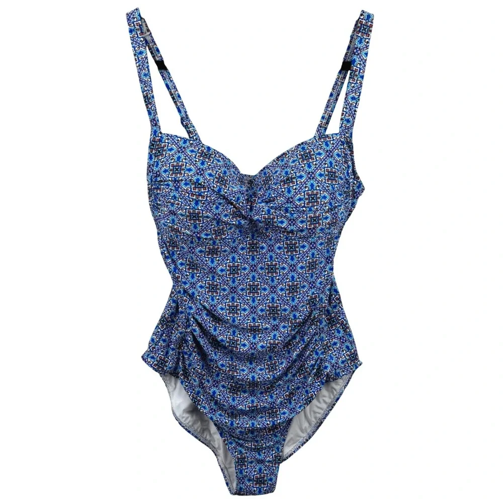 Niptuck Swim One Piece Swimsuit Women 10 Blue Geometric Ruched Tummy Control Cup
